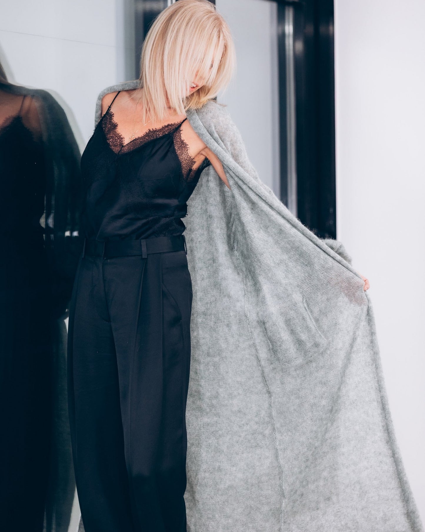 Kid Mohair & Silk Long Cardigan with Puffy Sleeves & Pockets