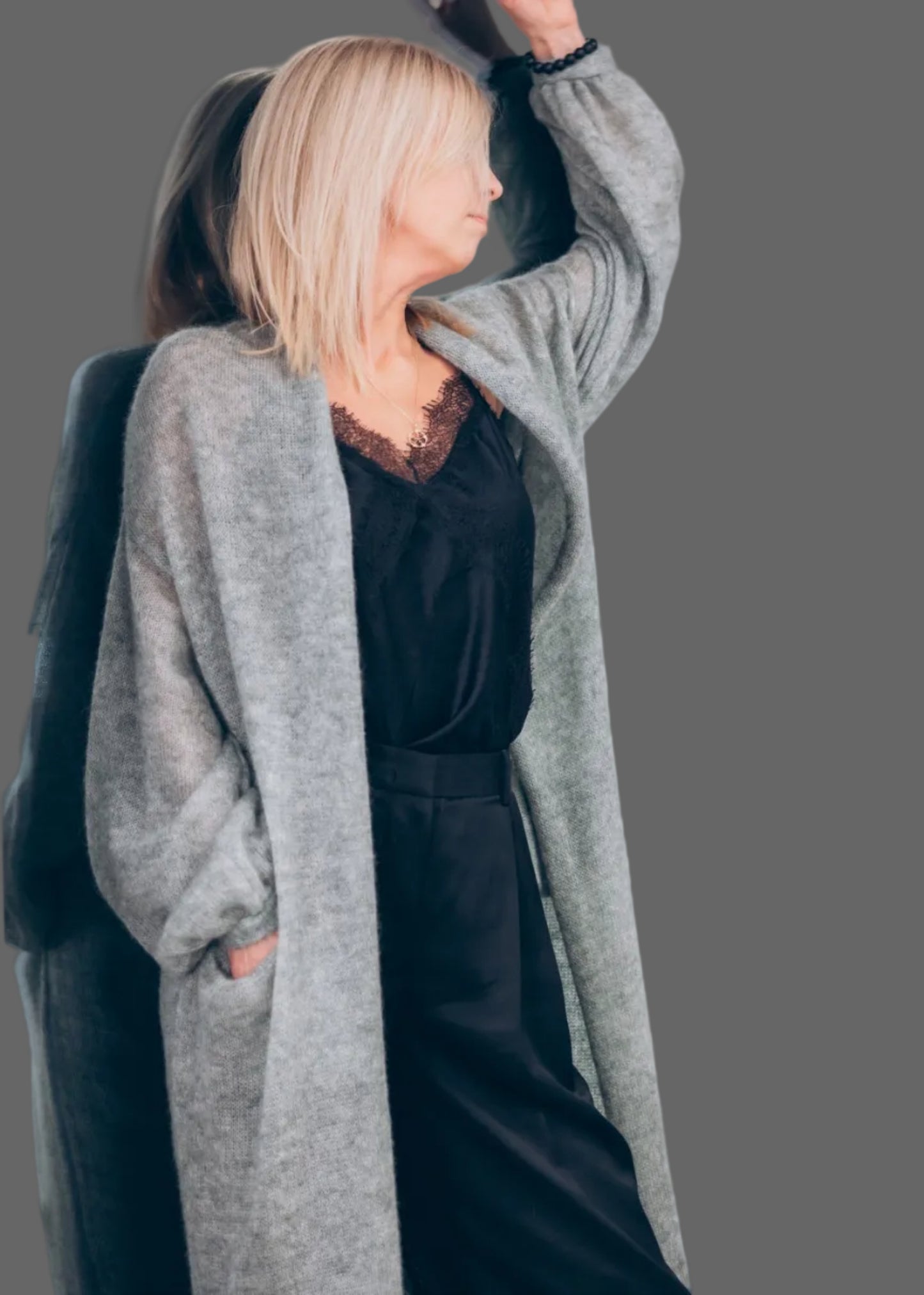 Kid Mohair & Silk Long Cardigan with Puffy Sleeves & Pockets