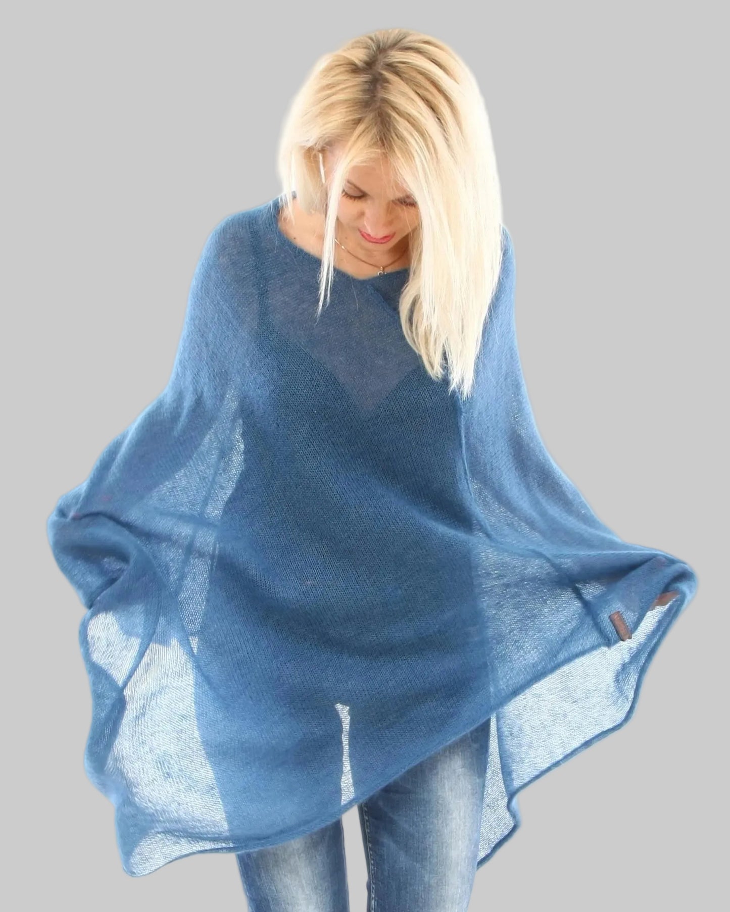 Blue premium handmade poncho kid mohair & silk