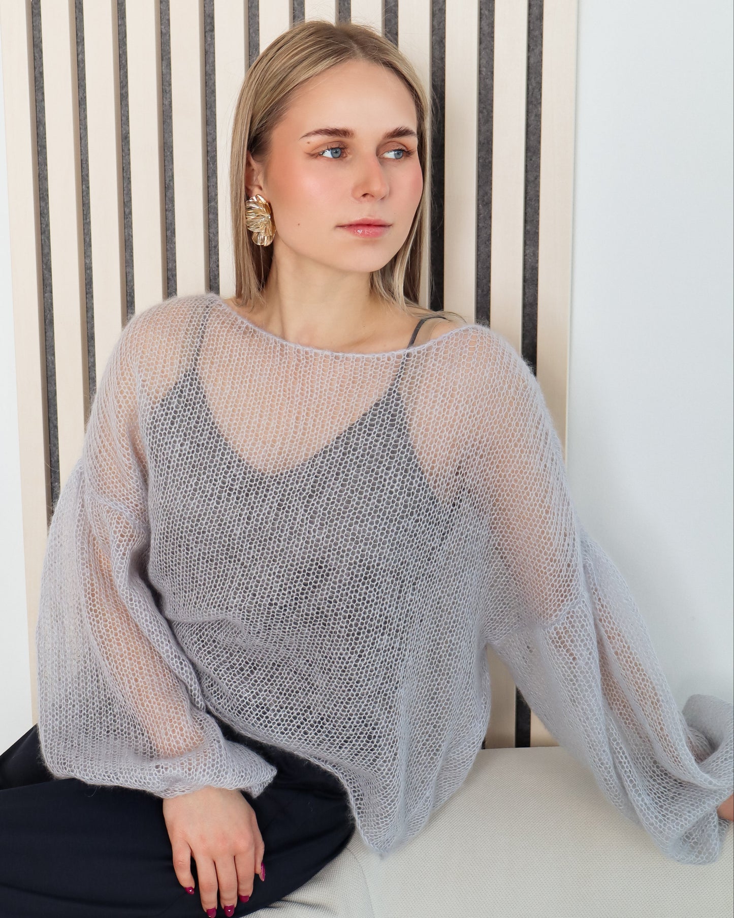 Mesh Kid Mohair & Silk Sweater with Balloon Sleeves