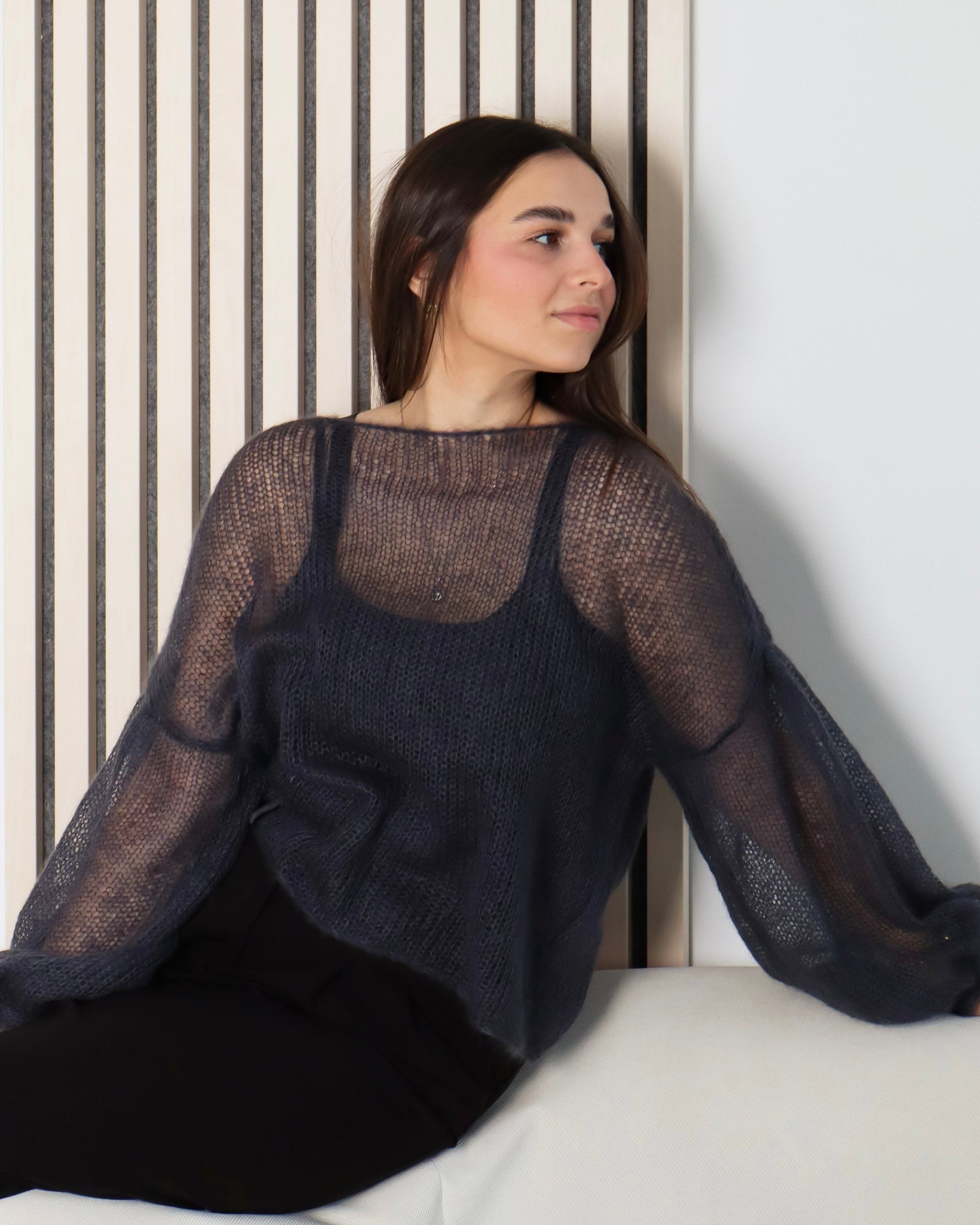 Handmade mesh kid mohair & silk sweater with balloon sleeves