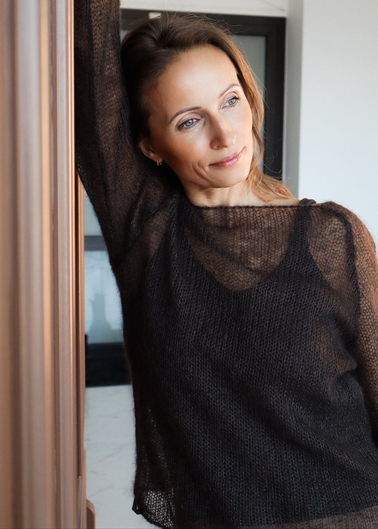 Mesh Kid Mohair & Silk Raglan Sweater With Full Sleaves