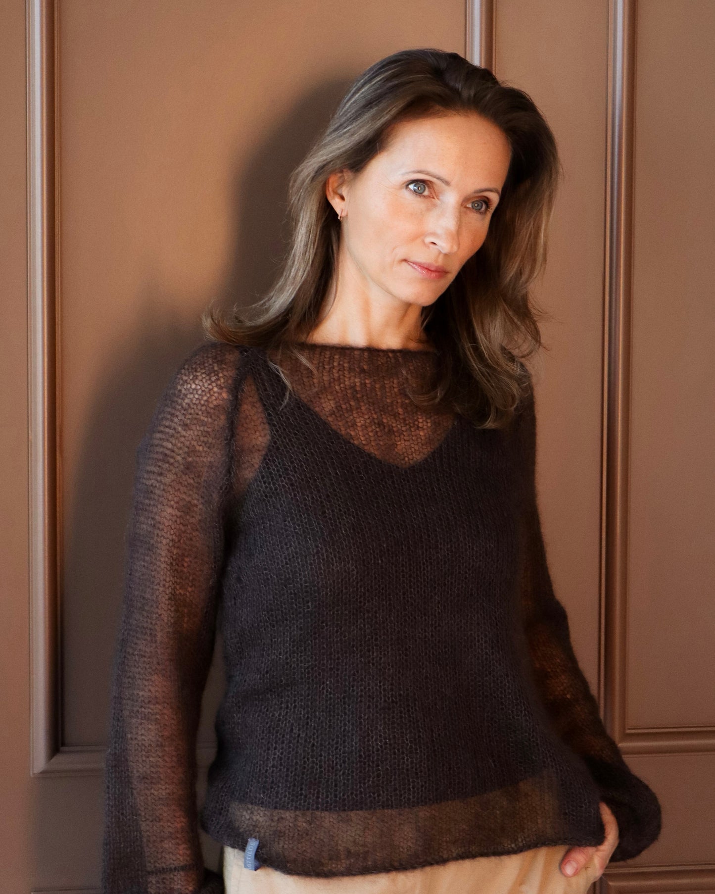 Mesh Kid Mohair & Silk Raglan Sweater With Full Sleaves