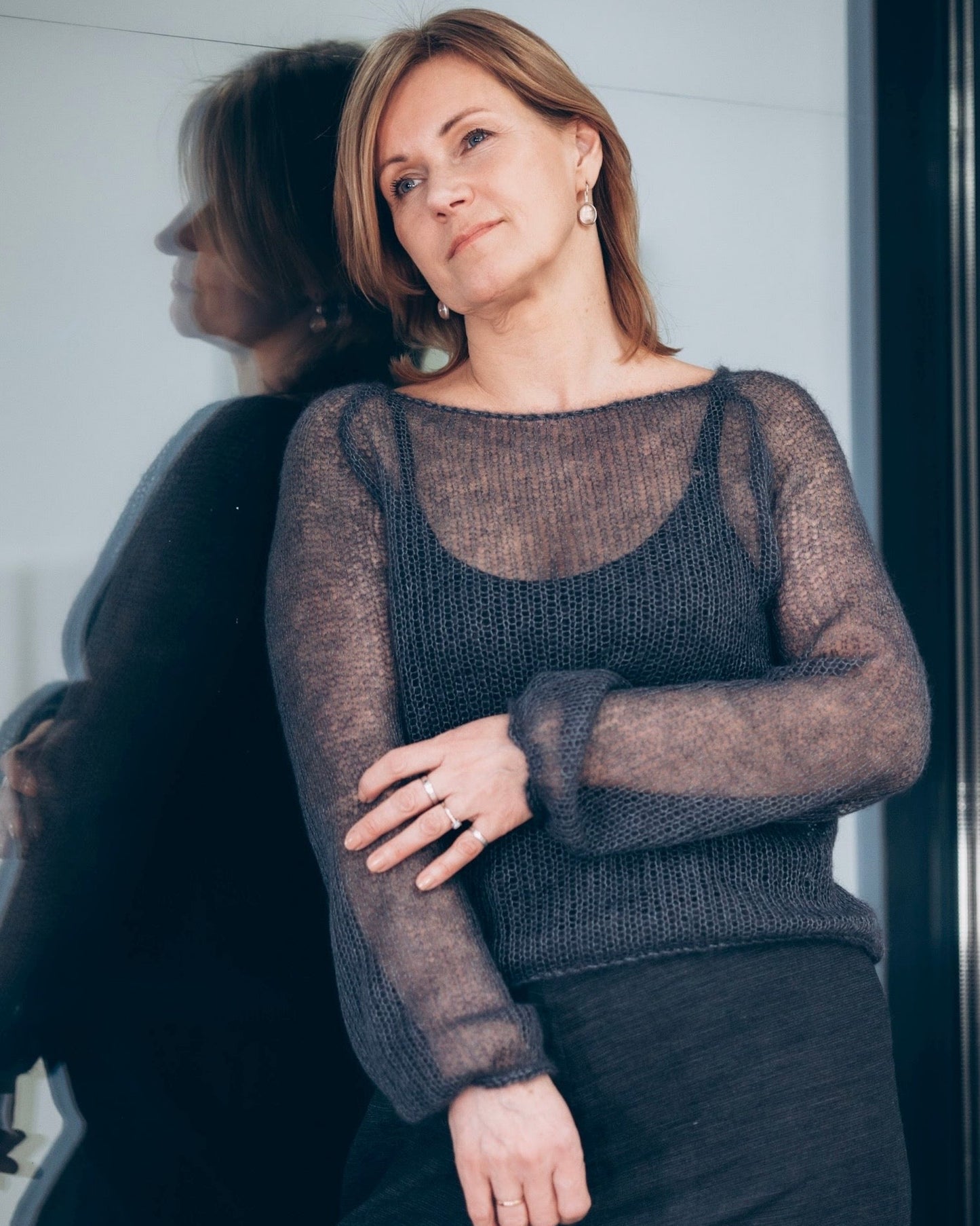 Mesh Kid Mohair & Silk Raglan Sweater With Full Sleaves