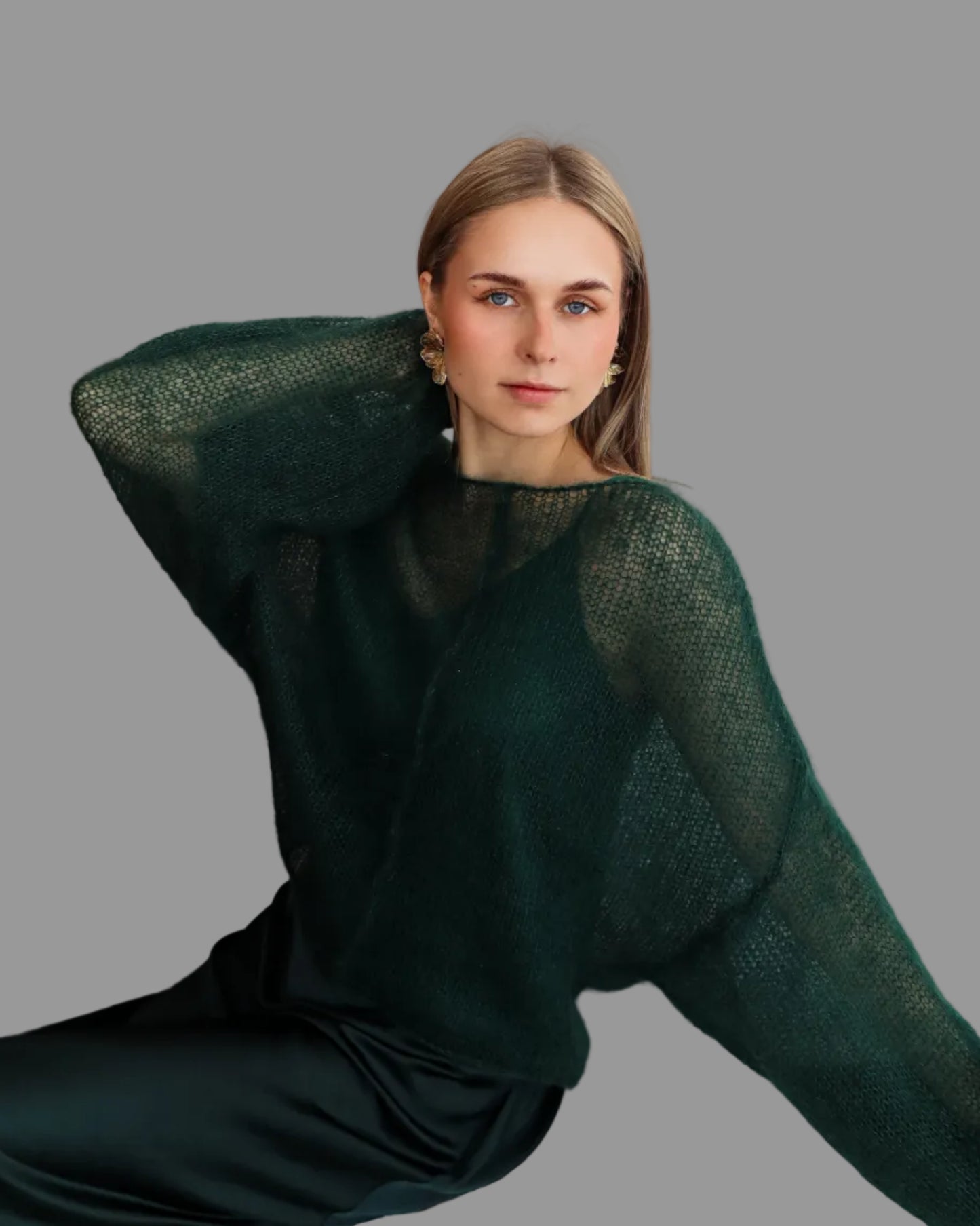 Mesh Kid Mohair & Silk Sweater with Balloon Sleeves & Front Seam