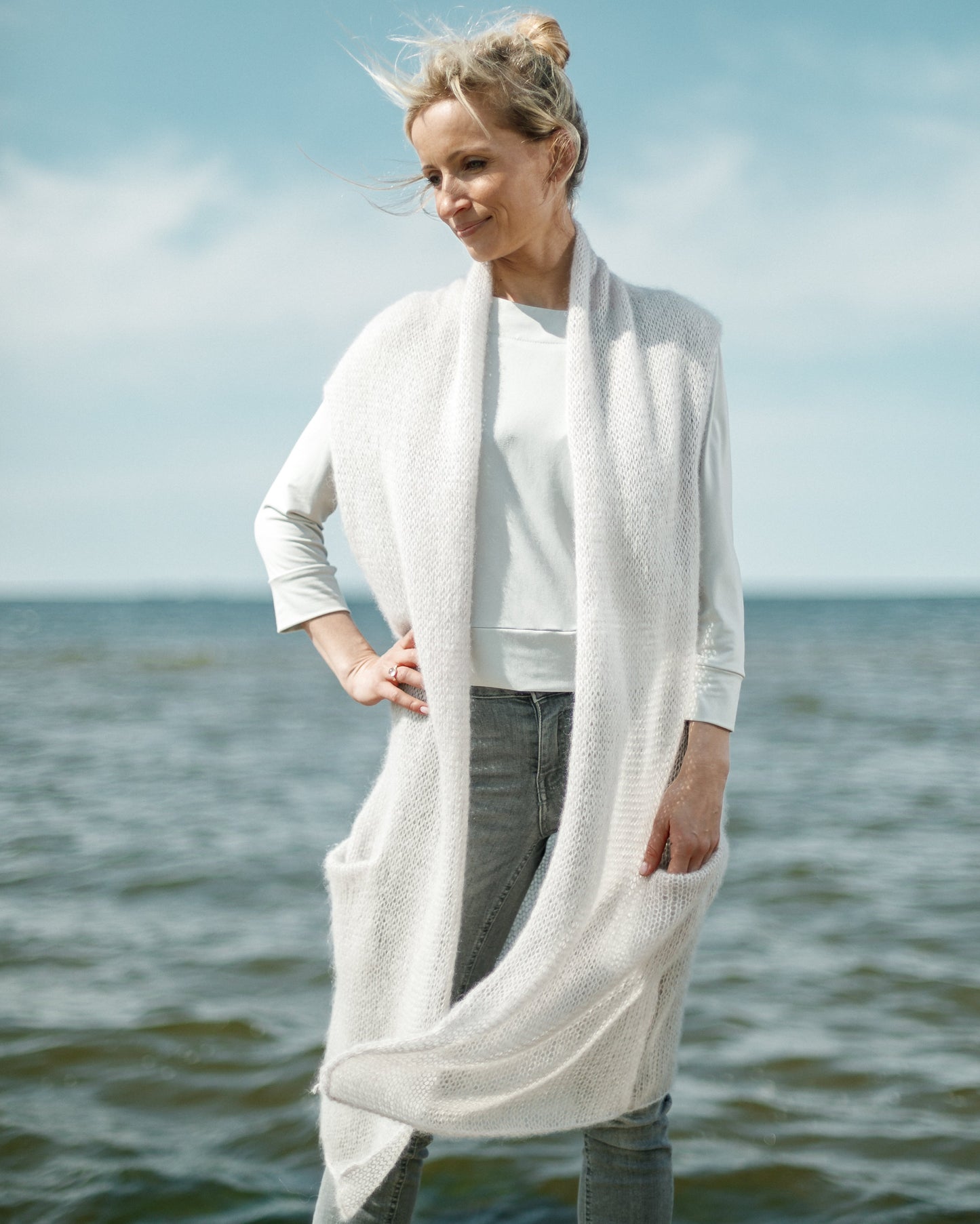 White handmade kid mohair &silk long cardigan with pockets