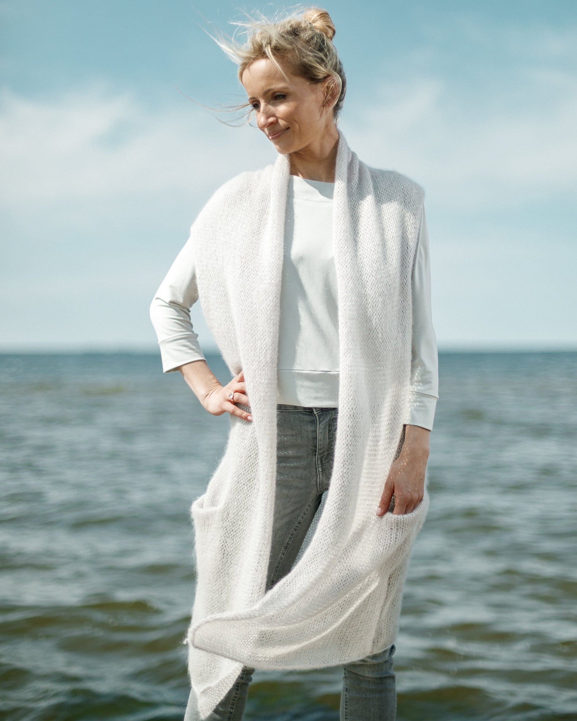 White handmade kid mohair &silk long cardigan with pockets