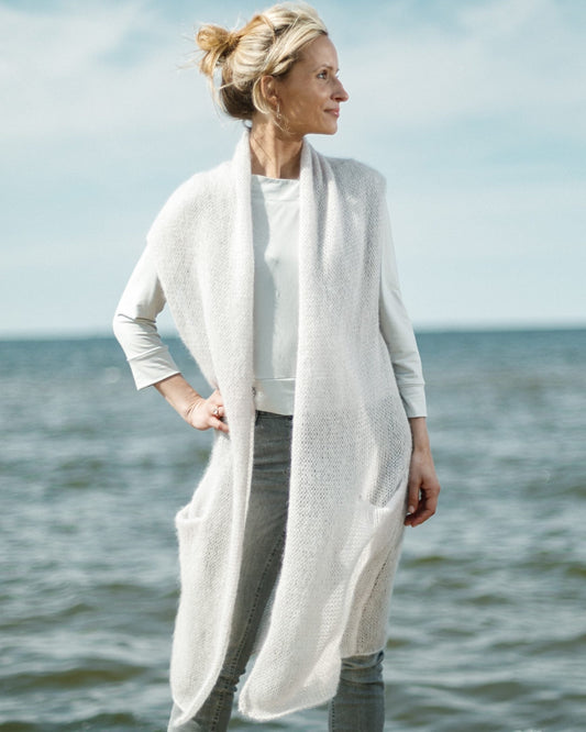 White soft warm kid mohair & silk long cardigan for women