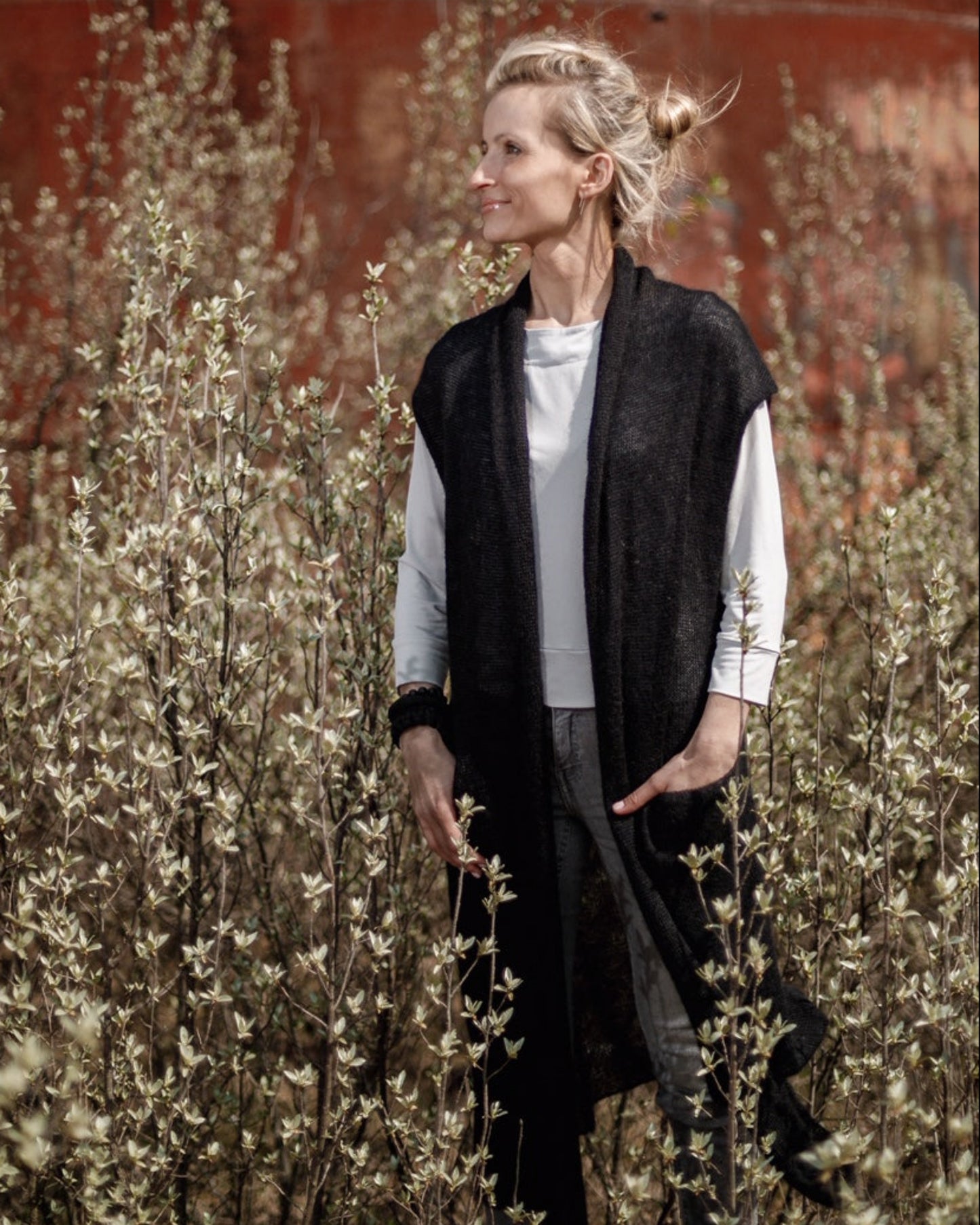 Black breathable kid mohair & silk long cardigan knitwear with pockets