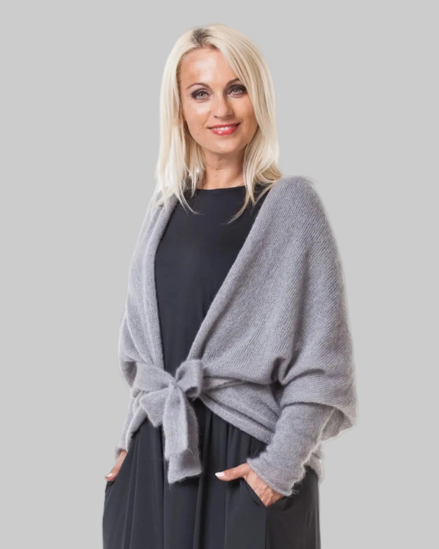 Grey handcrafted kid mohair & silk cardigan with belt