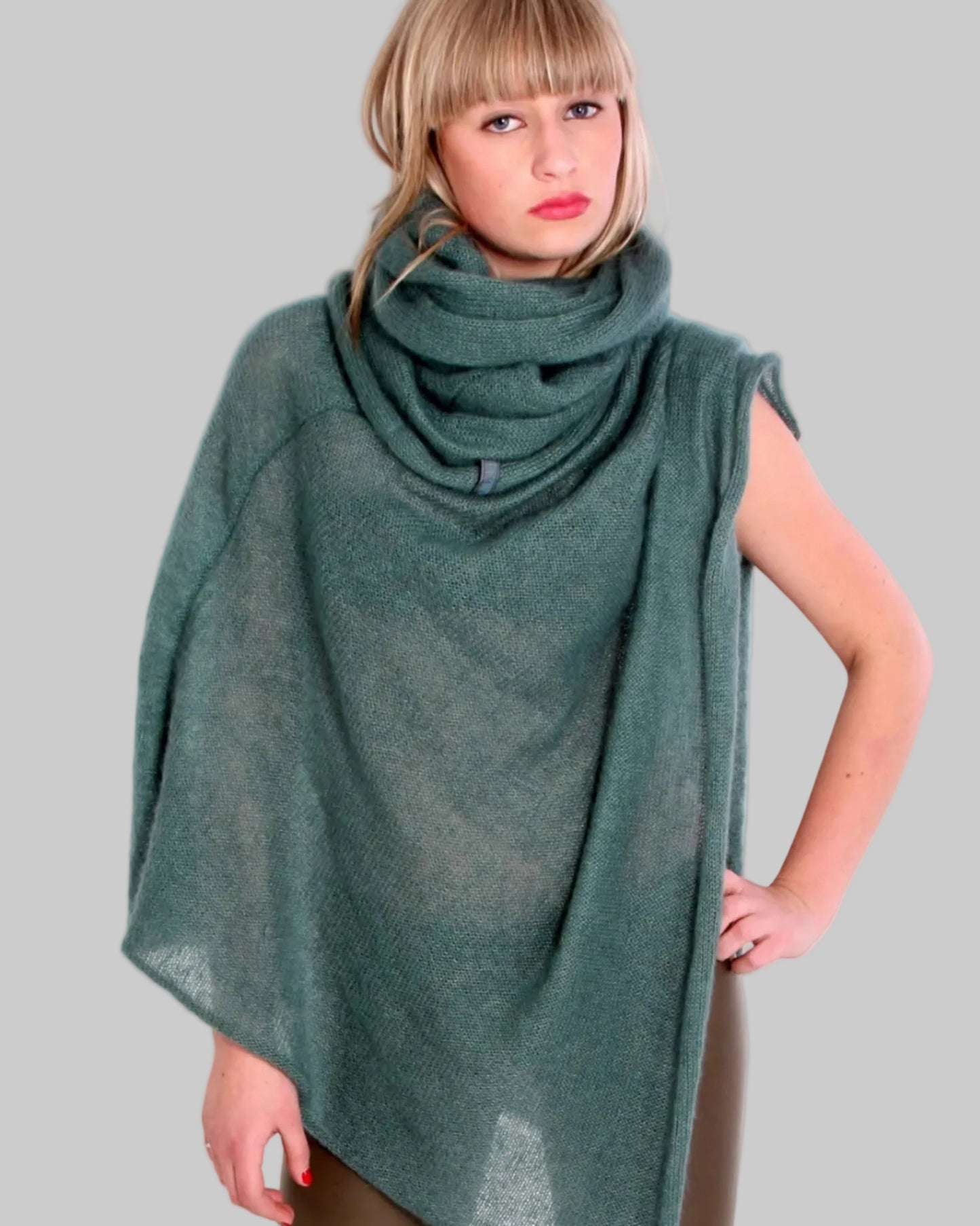Green handmade kid mohair & silk poncho