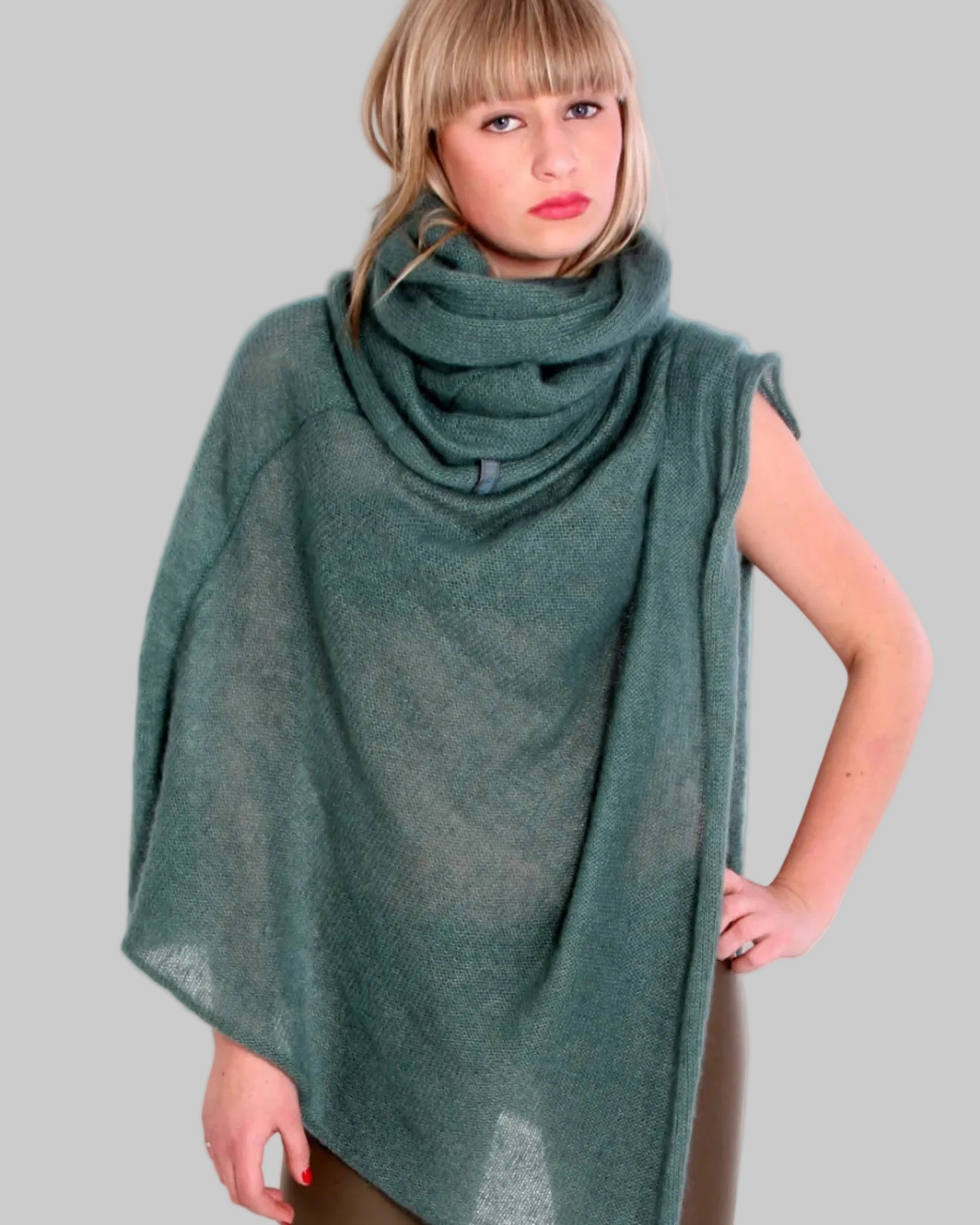 Green handmade kid mohair & silk poncho