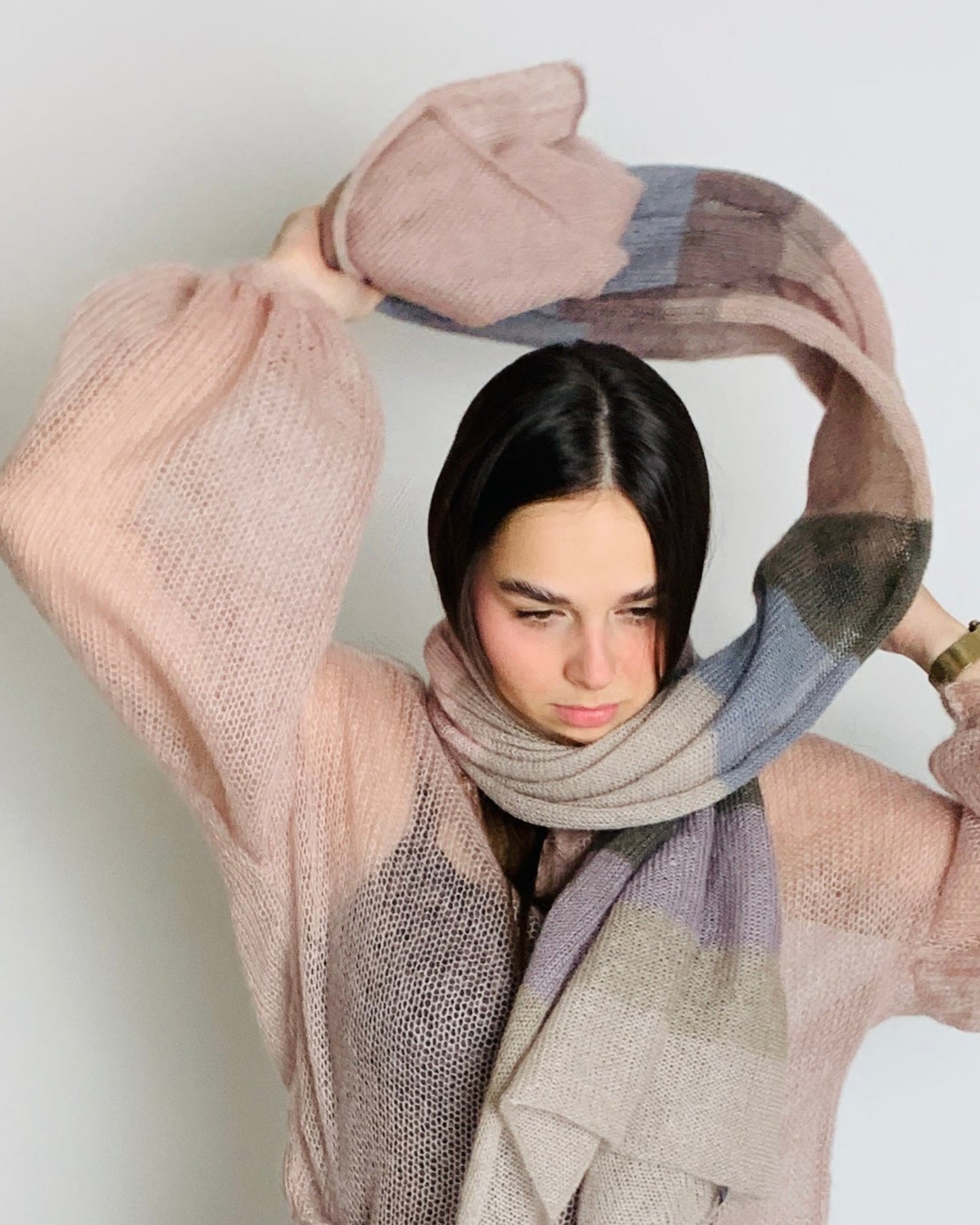 Handcrafted mohair multicolour scarf with soft pastel shades