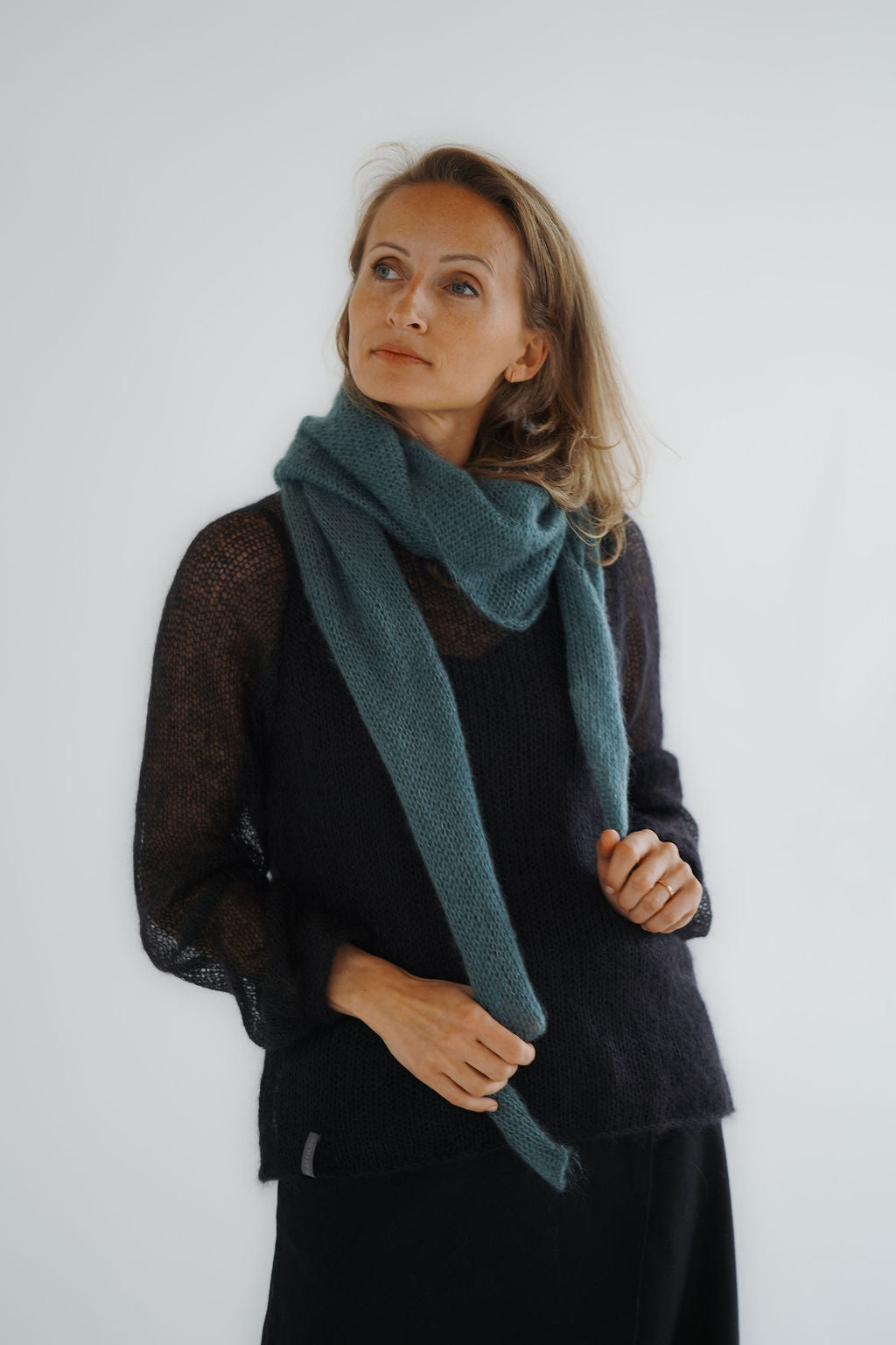 Blue-green kid mohair and silk triangle scarf for women