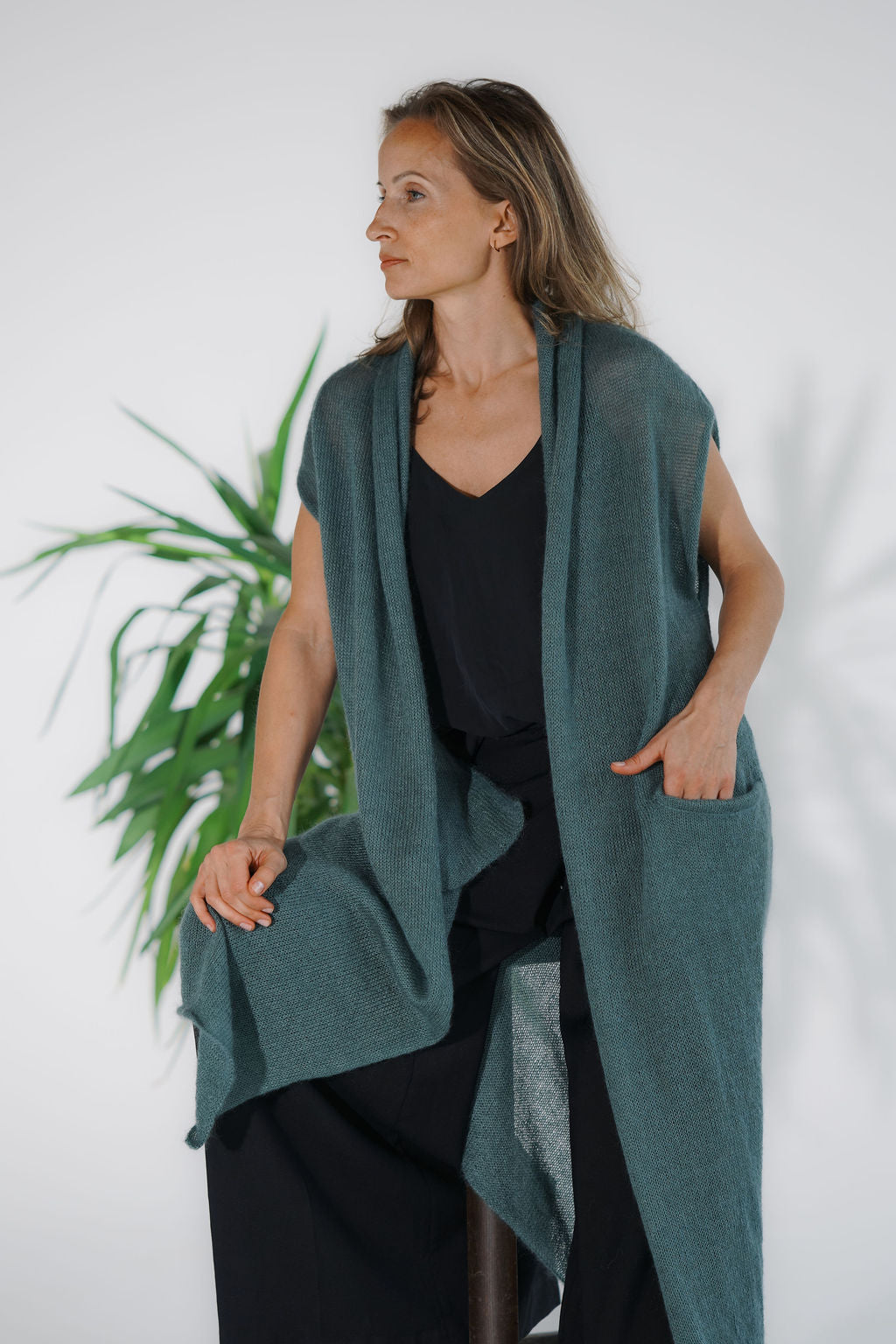 Women's teal longline mohair vest