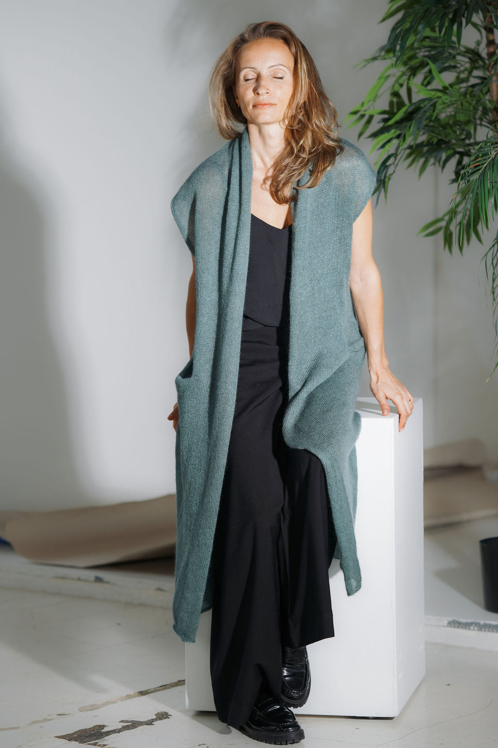 Handmade sleeveless mohair cardigan with pockets