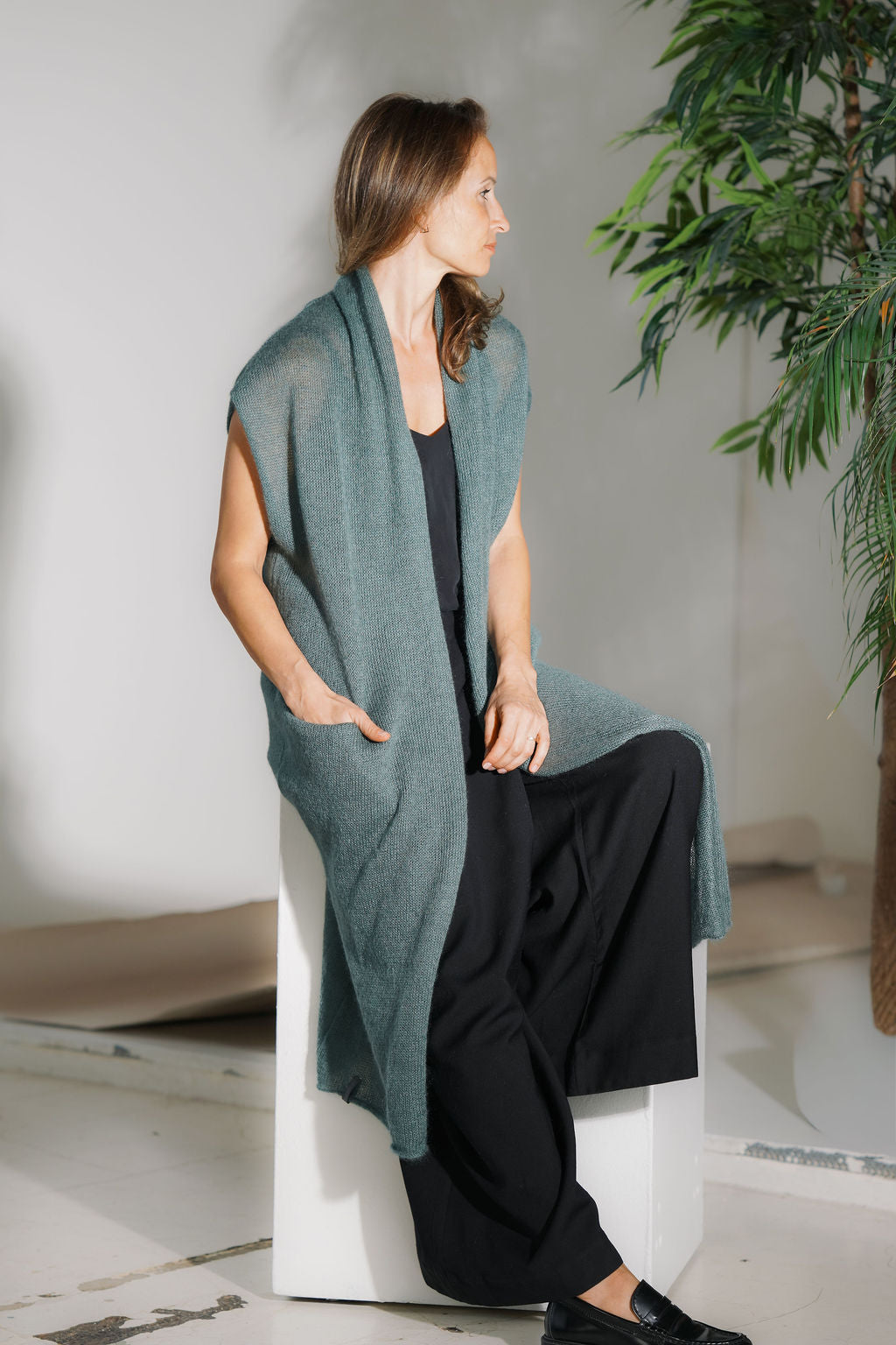 Long open-front mohair vest