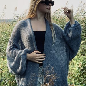 Kid Mohair & Silk Thick Cardigan with Full Sleeves & Horizontal Decorative Seam on the Back