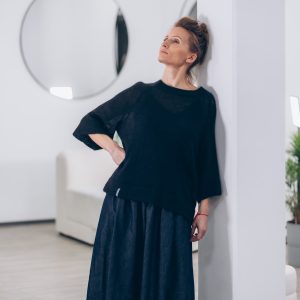 Kid Mohair & Silk Raglan Sweater with Double Hem Finish and 3/4 Length Sleeves