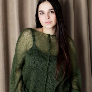 Mesh Sweater With Balloon Sleeves & Decorative Front Seam